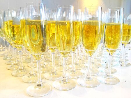 Bunch of champagne glasses files with champagne or cava on a party or Some sort of celebrationの素材
