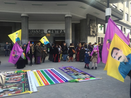 Kurdish women protesting in front of the Brussels central train station on international women's day 2016の素材