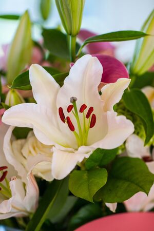 Floral decorations with different sorts of flowers, roses, tulips, and othersの写真素材