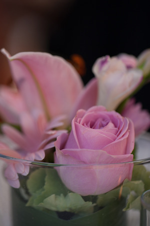 Floral decorations with different sorts of flowers, roses, tulips, and othersの写真素材