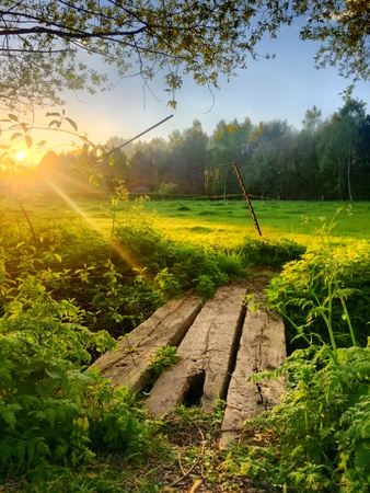 Little old wooden bridge on the countryside leading to a meadow where the sun is going down on the horizonの写真素材