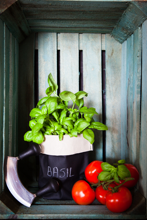 Fresh ripe garden tomatoes and basil on wooden background of a wooden crate with copy spaceの写真素材