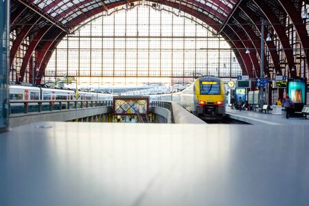 Antwerp, Belgium - Anno 2019: The train is waiting at the platform for passengers Inside the...