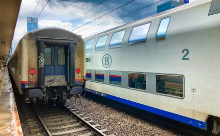 Brussels, Belgium - June 2019: Trains arriving at the platform for passengers Inside the...