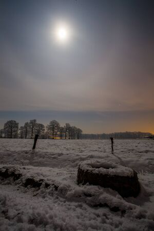Nightly winter snow landscape under a bright shining moonの写真素材