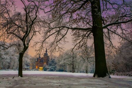 Nightly winter snow landscape under a bright shining moon showing a castle in a parkの写真素材