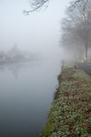 gloomy river in the fog. High quality photoの写真素材
