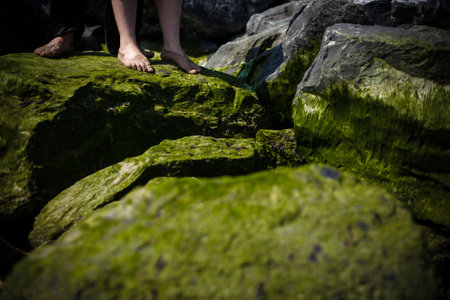bare feet in the water on the rocks. High quality photoの写真素材