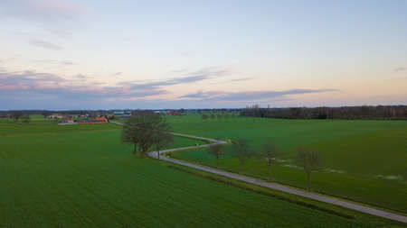 Rural Road Through Countryside. Rows of Farmfields. Summer Landscape. Aerial Drone View. High...