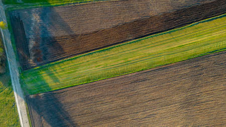 Aerial view geometric farming fields, showing a green meadow and plowed fields, captured with a...