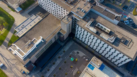 Turnhout, Belgium, 27 April 2021, Bird eye aerial view of the AZ Sint Elizabeth hospital in the City of Turnhout, Belgium, taken with a drone. High quality photoのeditorial素材