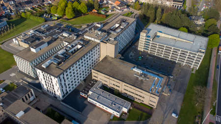 Turnhout, Belgium, 27 April 2021, Bird eye aerial view of the AZ Sint Elizabeth hospital in the City of Turnhout, Belgium, taken with a drone. High quality photoのeditorial素材