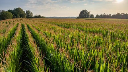 Corn field agriculture under a sunset sky. Green nature. Rural farm land in summer. Plant growth....