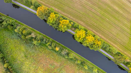 canal Dessel Schoten aerial photo in Rijkevorsel, kempen, Belgium, showing the waterway in the...