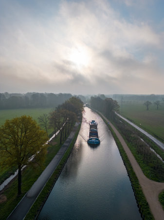 Aerial view of a colorful dramatic sunrise sky over a canal with a draw bridge in Belgium. Canals with water for transport, agriculture. Fields and meadows. Landscape. High quality photoの写真素材