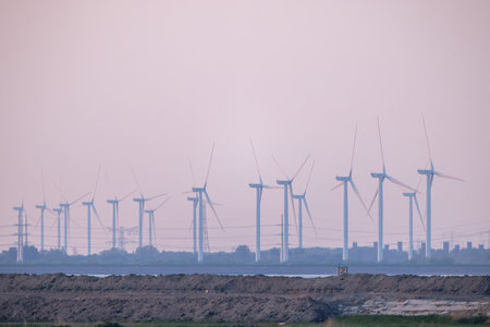 A captivating scene of modern sustainability, showcasing rows of majestic electric generator...