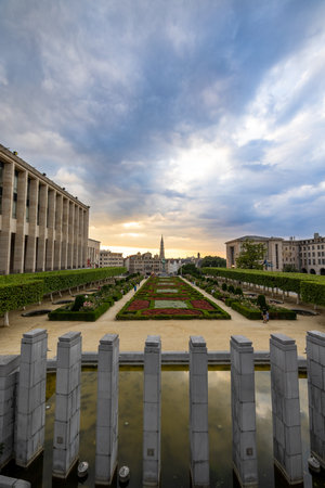 Brussels, Belgium, 23 June 2023, View of famous Kunstberg or Mont des Arts, or Mount of the arts Under a dramatic cloudy sunset sky , gardens. By end of 19th century, King Leopold II had an idea to convert the hill into a centralized place for art and garのeditorial素材