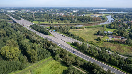 Mechelen, Antwerp Province, Belgium, 06 09 2023, Aerial view of the E19 highway between Brussels and...