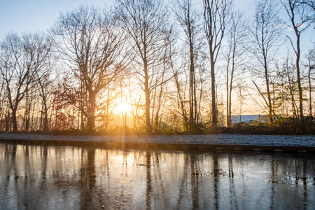 An enchanting sunrise scene unfolds as the golden hues of dawn reflect off the surface of a partially frozen river. Bare trees line the riverbank, their silhouettes etched against the brightening sky. The sun, low on the horizon, casts a warm glow that contrasts with the cool tones of the ice and snow. The elements combine to create a dynamic interplay of light and shadow, warmth and cold, marking the beginning of a new day in winters embrace. Dawns Golden Reflection. High quality photoの写真素材