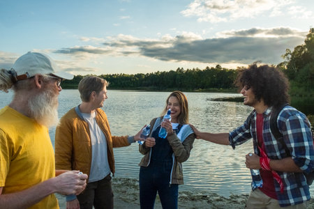 The photo depicts a cheerful moment among a group of friends by the lake, with an elderly Caucasian...