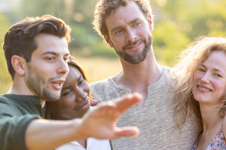 A Middle-Eastern man extends his arm to take a selfie, capturing a moment of shared happiness with his friends. A Black woman leans in close, a smile on her face, next to a Caucasian man who is also smiling warmly. A Caucasian woman joins the group, her joyful expression completing this snapshot of friendship and good times. Capturing Moments: A Groups Shared Experience. High quality photoの写真素材