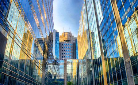 This image presents a captivating urban canyon formed by the sleek glass facades of modern...