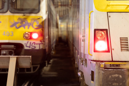Antwerp, Belgium, January 25th, 2024, This photograph captures a moment of stillness in a train depot, where two trains are parked side by side. The train on the left features a vibrant graffiti tag, adding a touch of urban art to the scene, while the rigのeditorial素材