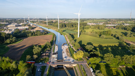 Sluis van Lot, kanaal Brussel, Charleroi, Lot, Beersel, 18th of May, 2024 This aerial image...