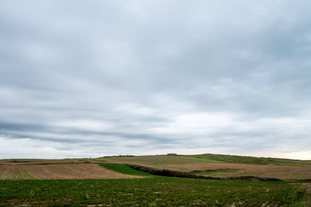 A rural scene with farmland under a cloudy sky, showcasing the beauty of nature and agriculture in a...