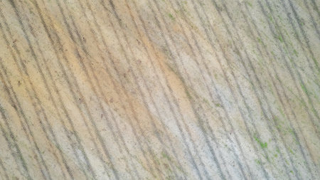 Aerial view of agricultural fields showcasing patterns and texturesの写真素材