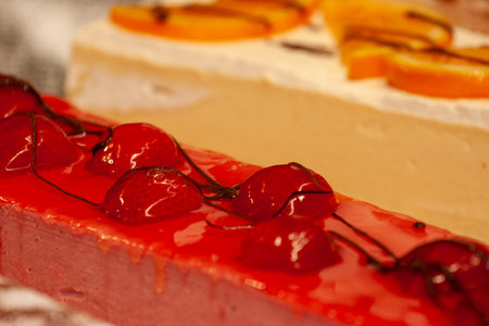 An enticing dessert featuring a cherry-topped cake with vibrant fruit slices, perfect for any occasion.の写真素材