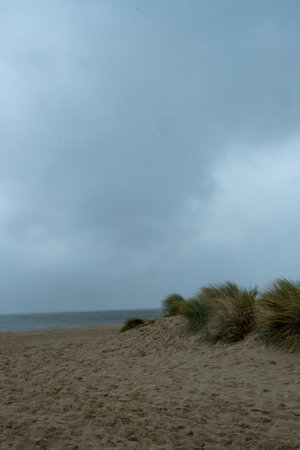 A moody beach scene with dark clouds above and soft sand below, perfect for exploring nature and weather themesの写真素材