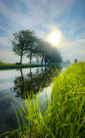 This serene landscape features lush trees, a tranquil water body, and vibrant greenery under a sunny...