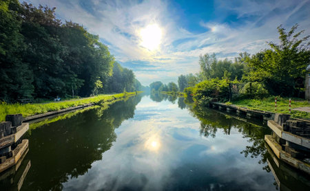 A beautifully tranquil river scene that captures stunning reflections, vibrant greenery, and a...