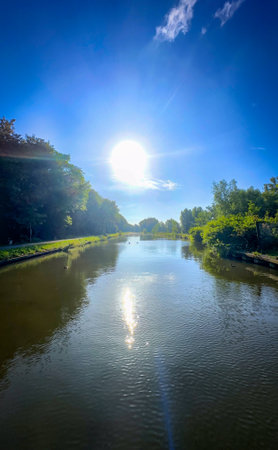 A peaceful, tranquil river scene reflects the bright sun and is beautifully surrounded by lush, vibrant greeneryの写真素材