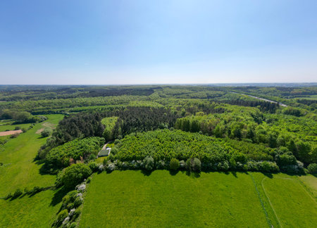 Hallerbos, Halle, Vlaams Brabant, Belgium, 27th of April, 2025, An aerial view showcases the vibrant green fields and lush forests stretching beneath a clear blue skyの写真素材