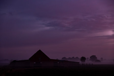 A serene, misty sunset illuminating a picturesque rural landscape with a charming barn and majestic treesの写真素材