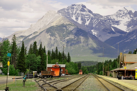 Banff National Park,May 2014.Train depot in Banff, Alberta, Canada.Come by plane car or rail to Banff, you will not be disappointed.のeditorial素材