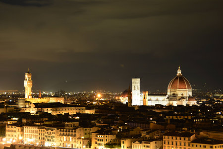 The iconic skyline of Florence Italy at nighttimeの写真素材