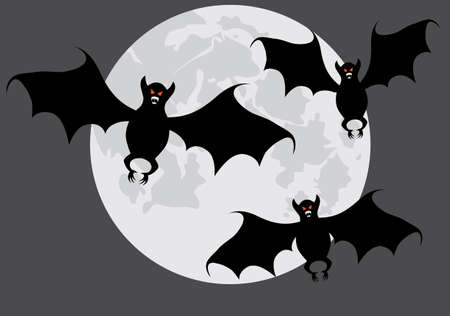 Bats on a background of the moon. A vector illustration. A contour. Grey variant.