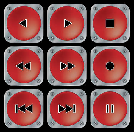Red navigation buttons for multimedia. Set on black background. Vector illustration.のイラスト素材