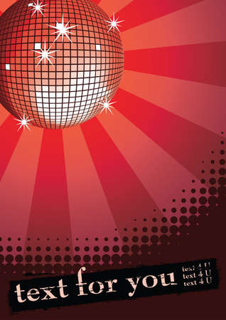 Mirror disco ball on red rays background. Halftone grunge banner for you text. Vector illustration.のイラスト素材