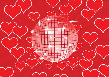 Disco mirror ball on a red rays abstract background. Vector illustration.のイラスト素材