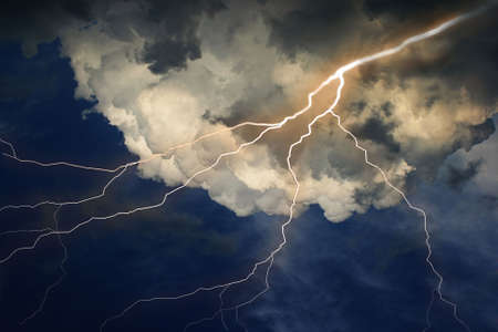 Lightning on clouds sky. Combine photo and raster illustration.
