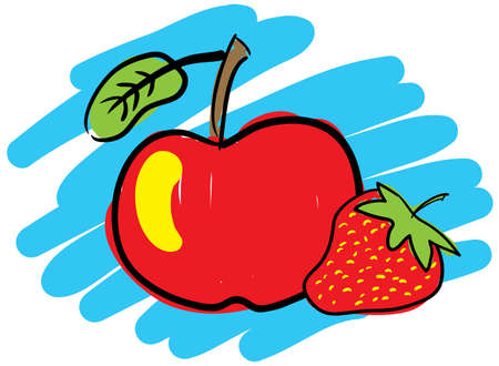 Strawberry and red apple. Sketch simulate. Vector illustration.のイラスト素材