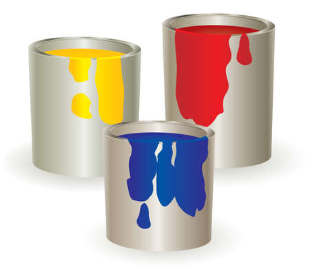Three containers with yellow, red and blue paint. Vector illustration.のイラスト素材