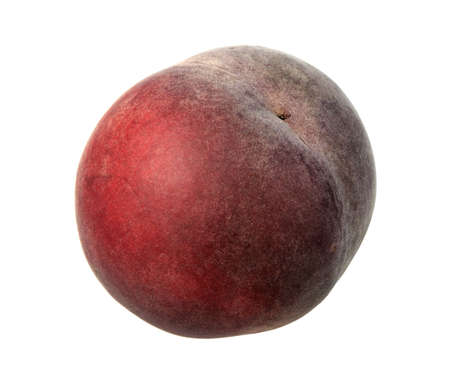 Single dark-red peach. Close-up. Isolated on white background.の写真素材