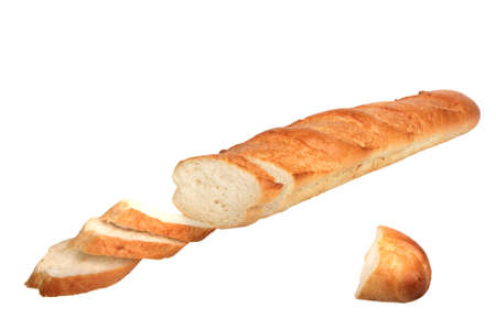 Slices of loaf of baguette. Close-up. Isolated on white background.