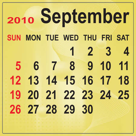 Calendar of September 2010 on abstract background. Week begins with Sunday. Vector illustration. Gradient mesh include.のイラスト素材