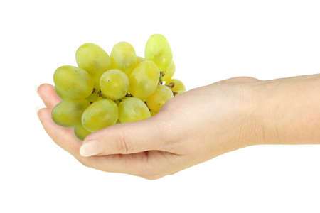 Green grape in a hand of woman. Isolated on white background. Close-up. Studio photography.の写真素材